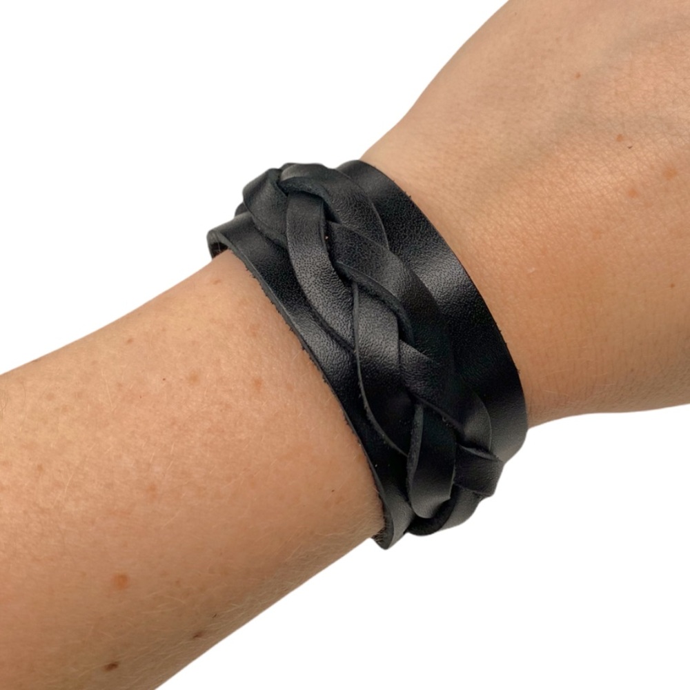 Black Moto Braided Genuine Leather Western Cowgirl Cuff Adjustable Bracelet NEW